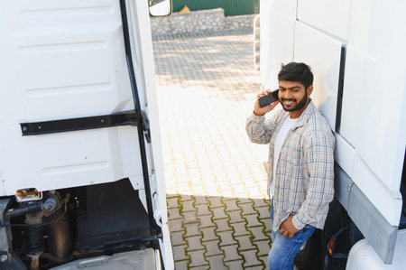 Young male truck driver communicating on smartphone, standing by his cargo semi truck. Celebrating...