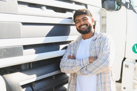 Confident young Indian man with folded arms smiling, standing next to a large commercial truck,...