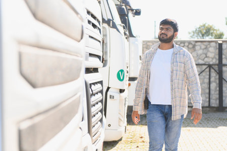 Truck driver checking fleet of semi trucks in parking lot, representing logistics, freight, and...