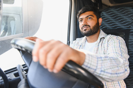 Bearded man driving truck, confidently looking ahead. Representing a long hauler navigating the road
