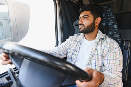 Young Indian man driving commercial truck. Focusing on the road, wearing plaid shirt. Professional...