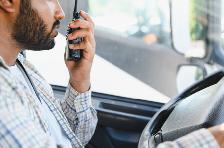 Indian truck driver talking on a walkie talkie, managing logistics and freight delivery while...