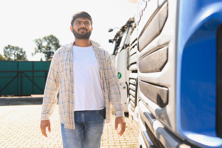 Young man with a beard walking outdoors in front of a line of semi trucks, representing freight transport and logisticsの写真素材