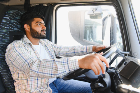 Indian male driver operating large vehicle, concentrating on the road, providing logistics and...