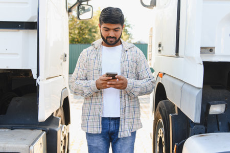 Indian truck driver checking cargo information on a smartphone, standing between vehicles....