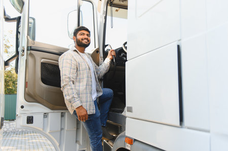Smiling young man entering a semi truck, representing logistics, transportation, and a fulfilling...
