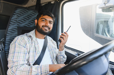 Indian male truck driver sitting in the cabin, smiling and holding a walkie talkie, communicating...