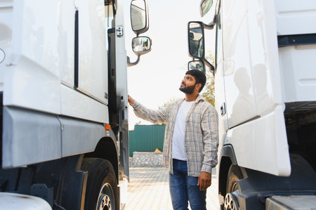 Middle aged Indian man driver checking commercial truck before starting delivery journey. Trucking...