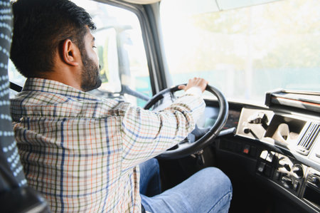 Young man driving a commercial truck, hands on the steering wheel, delivering goods, showing...