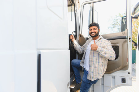 Young smiling indian professional truck driver entering his white commercial lorry, showing a thumbs...