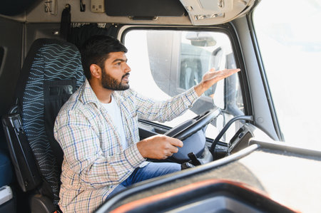 Young Indian truck driver concentrating on the road, operating a truck, and gesturing with his hand...