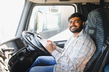 Smiling indian male truck driver sitting in a semi truck cab, holding a clipboard and pen while...