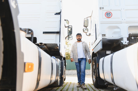 Man truck driver walking between large white lorries, representing long haul cargo transportation...