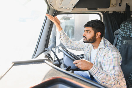 Young man driving a truck, showing frustration or anger with an exasperated hand gesture,...