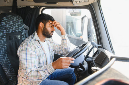Man experiencing stress and tiredness while driving, resting hand on forehead inside truck cabin