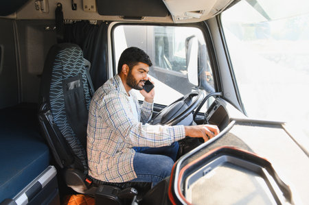 Young truck driver communicating on smartphone inside truck cabin, managing logistics and freight transportationの写真素材