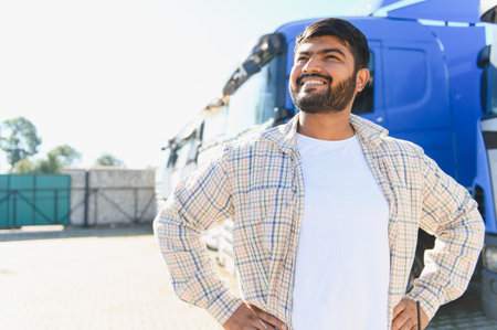 Smiling Indian man standing proudly by his commercial truck, symbolizing confidence, success, and...