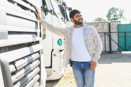 Indian truck driver leaning on modern semi, smiling confidently and looking away on a sunny day at a freight depotの写真素材