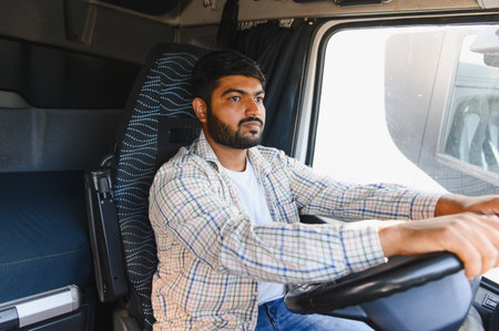 Young male truck driver focused at the wheel inside the cab, long haul professional transporting cargo on highway routesの写真素材