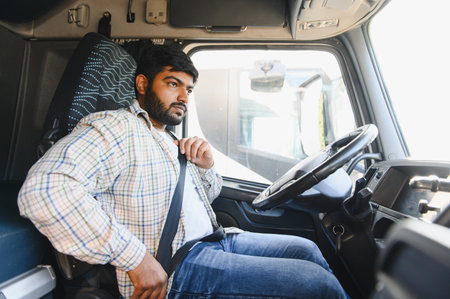 Young man driving a semi truck, focusing on road safety by properly fastening his seatbelt before...