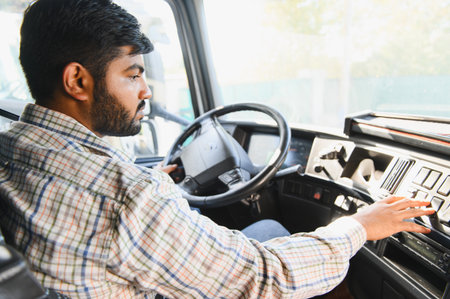 Indian man driving a commercial truck, adjusting dashboard controls, representing transport industry...