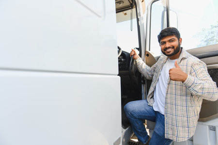 Young Indian truck driver enters commercial semi truck giving a confident thumbs up, smiling and...