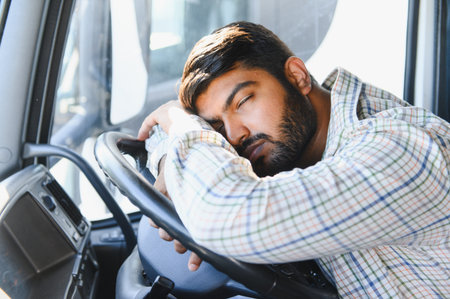 Truck driver exhausted, head on steering wheel in cabin during a long haul, showing fatigue, drowsiness and burnout while restingの写真素材