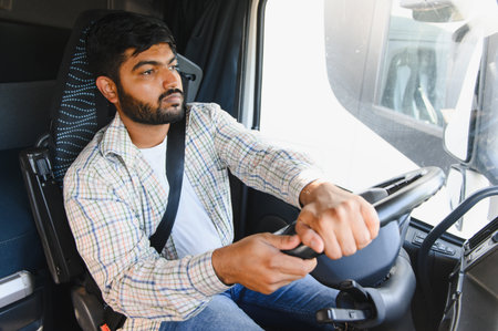 Young man driving a commercial truck, wearing seatbelt and shirt, transporting cargo, looking...