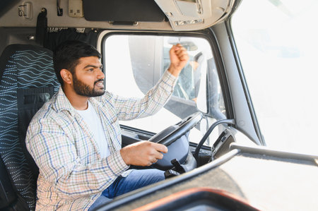Indian male truck driver showing frustration, gesturing with hand, sitting in cab while transporting...