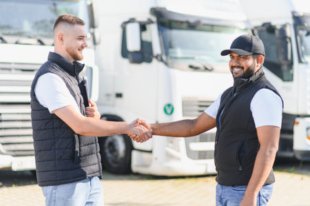 Two men shaking hands in front of heavy goods vehicles. Representing business partners or colleagues making an agreementの写真素材