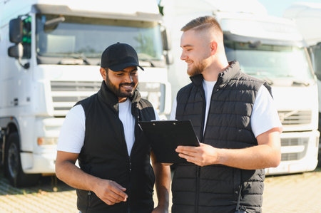 Two male truck drivers discussing shipping documentation on a clipboard, coordinating transport operations in front of a truck fleetの写真素材