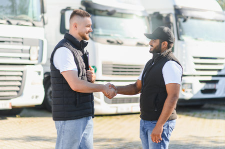 Two diverse truck drivers handshaking, finalizing a successful logistics agreement or transportation business deal outdoorsの写真素材