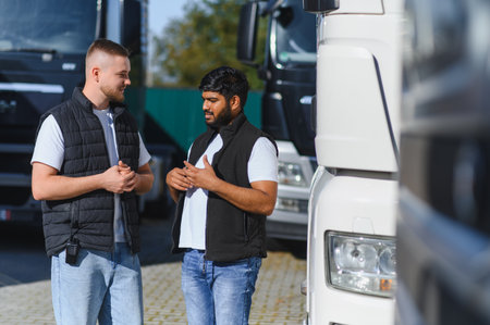 Two diverse truck drivers standing in a parking lot, engaging in a focused conversation about transportation and fleet managementの写真素材