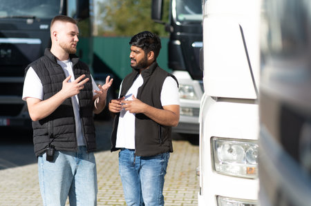 Two male truckers standing outdoors by trucks, conversing about freight, delivery, and supply chain...