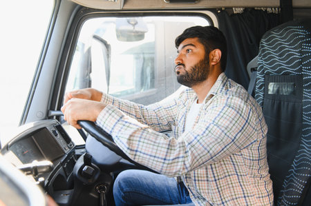 Professional truck driver focused at the wheel in cabin, long haul freight delivery on the road,...