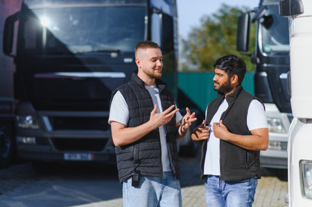 Two diverse truck drivers engaged in discussion near their vehicles, planning commercial logistics...