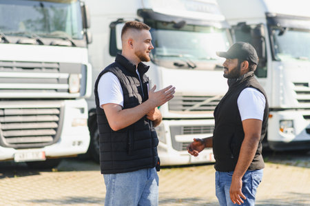 Male truck drivers standing and talking, planning delivery routes and transport business operations near heavy goods vehiclesの写真素材