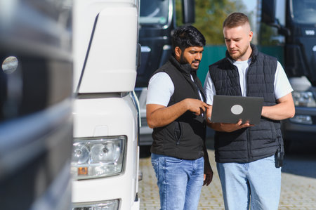 Two male drivers discussing route planning and fleet management details on a laptop while standing next to trucksの写真素材