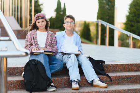 Children studying outdoors, holding books and notebooks on school stairs. Back to school, education,...