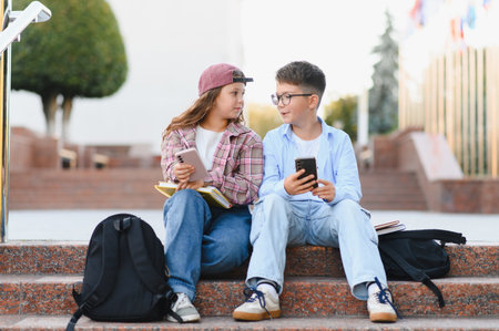 Children sitting on school steps, holding mobile phones and conversing, demonstrating friendship and...