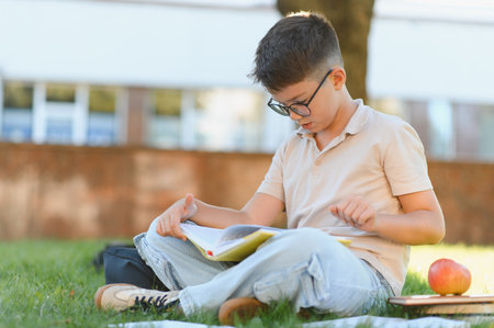 Boy student wearing glasses sitting on grass, concentrating on an open textbook, learning and doing...