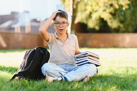Student boy wearing glasses sitting with books and backpack on grass, looking puzzled and stressed...