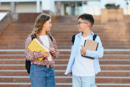 Two young schoolchildren carrying books and backpacks, talking and smiling while standing in front of the school buildingの写真素材