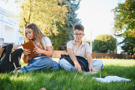 Students sitting on green grass reading books and preparing for lessons, enjoying education in an...