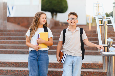 Two young students, a girl and a boy, carrying backpacks and books, walking together on school...