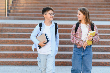 Happy students walking outdoors, holding books and wearing backpacks. Friendship and education...