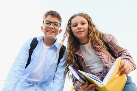 Two cheerful schoolchildren, a boy and a girl, standing together with backpacks and books, ready for...
