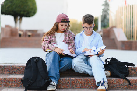 Schoolchildren sitting on steps outdoors, reading books and studying together. Education, learning,...