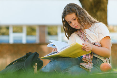 Young schoolgirl sitting on green grass reading a textbook during outdoor study, with backpack and...