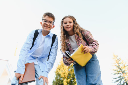 Two happy students carrying backpacks and books, standing outdoors with a cheerful expression....